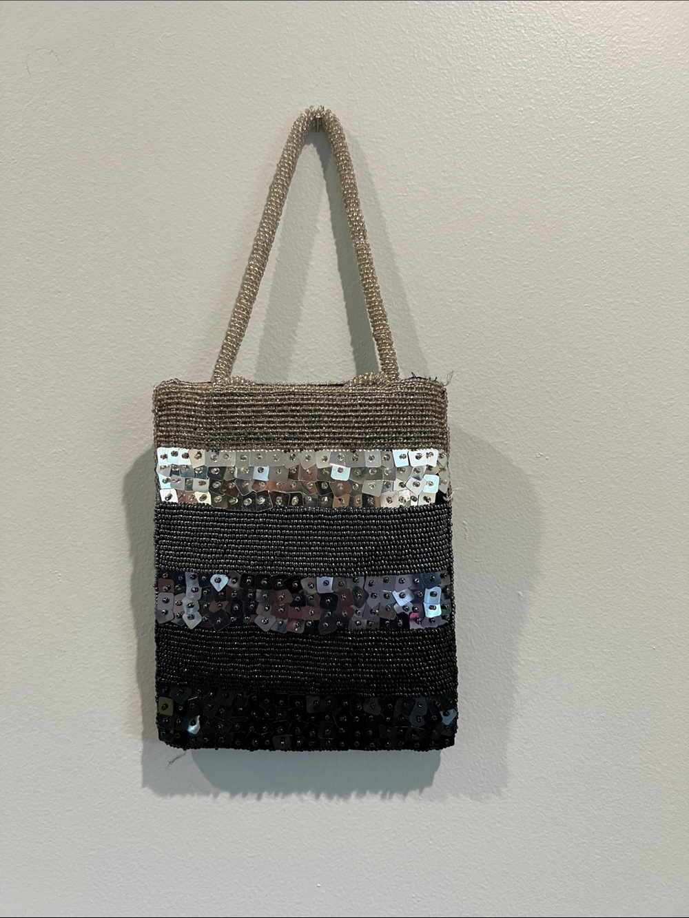 Sequin Striped Handbag in Black and Beige